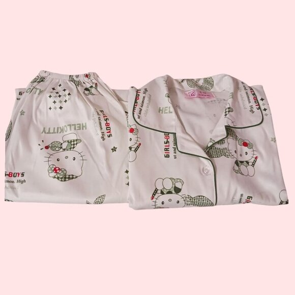 Hello Kitty Printed Pajama Set For Women Button-Up Top & Elastic Waist Pants Siz - Picture 12 of 15